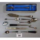 A collection of silver and silver plated flatware including a cased silver pickle fork and a