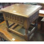 Reproduction 17th century style oak stool work box with arcade moulding. 44cm wide approx. (B.P. 21%
