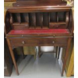 Edwardian mahogany inlaid cylinder writing desk the interior revealing various compartments - pull-