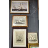 Group of four marine prints depicting J Class racing yachts and others