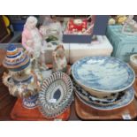 2 Trays of assorted china to include: Delft Blue and White Chargers, Blue and White Meat Plate,