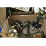 Box of metalware to include vintage stick-type telephone, easel picture frames, single oil burner,