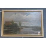 Continental School, indistinctly signed, Dutch River Scene with Hay Barges - dated '26, Oils on