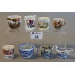 A group of miniature cabinet items to include Meissen style tea cup with blue cross swords,