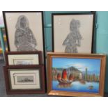 2 large framed brass rubbings, 2 furnishing pictures of Venetian Scenes an an oil on canvas of