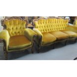 A Rococo Style mahogany 3 piece button back suite, comprising 3 seater sofa and pair of arm