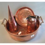 Collection of copper and brass to include jug, muller two handled preserving pan, iron handle