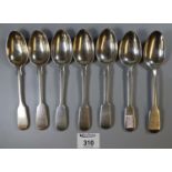 Seven Victorian silver dessert spoons, various makers and dates. Approx weight 8.8 oz. (B.P. 21% +