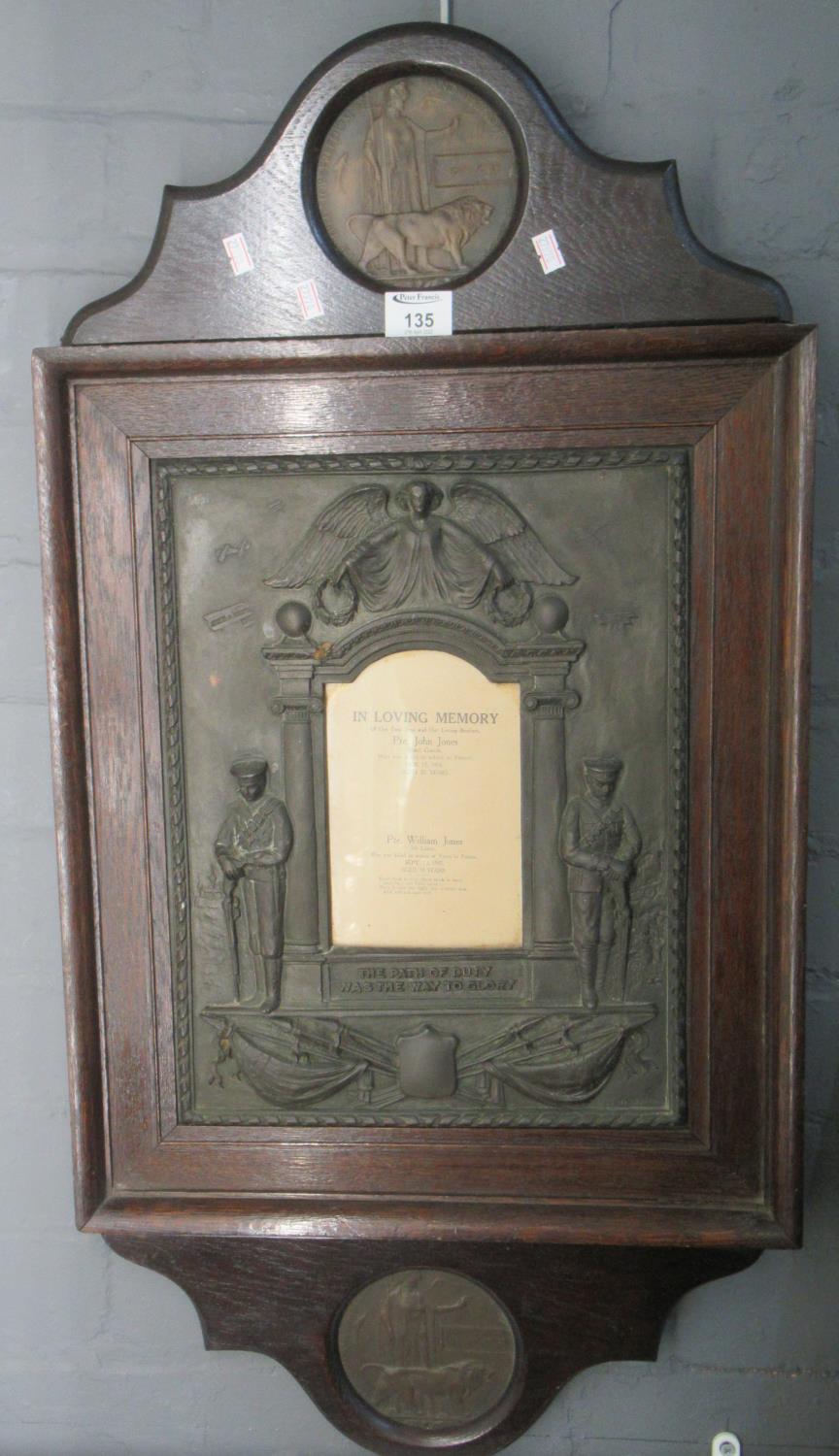 Unusual oak framed WWI relief carved Memorial Panel with text 'In Loving Memory, Private John