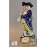 19th century Staffordshire pottery toby jug of a man with jug and pipe, 'Hearty Good Fellow'. 28.5cm
