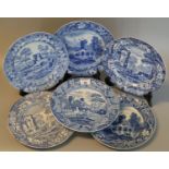 Collection of Spode blue and white transfer printed plates of differing designs including castle