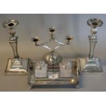 Silver plated Georgian design ink stand with two square cut glass ink wells having hinged repousse
