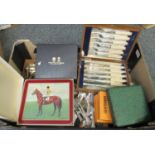 Box containing assorted cased and loose plated cutlery, fish knives and forks, cutlery box, cork