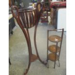 Mahogany jardiniere stand with swan neck mounts and triangular under shelf, together with an oak,