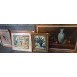 Group of assorted furnishing prints, various. Together with two still life oil paintings. (6) (B.