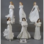 Six Royal Doulton bone china figurines to include 'Forget me Not', 'Christmas Day', 'Christmas