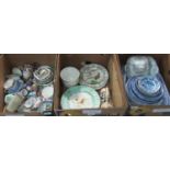 Three boxes of assorted china to include various blue and white plates and oval meat dishes, Royal
