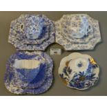 Three 19th century Wileman & Co. transfer printed blue and white floral and foliate trio sets