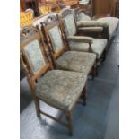 Part oak upholstered parlour suite comprising 2 chairs and 2 open armchairs, together with a similar