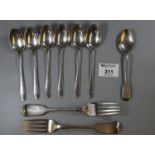 A set of six silver teaspoons stamped, ?Sterling?, a silver teaspoon and two silver plated forks.