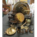 Box of metalware to include brass charger, horse brasses on leather mount, cast iron kettle, brass
