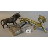 Yellow metal Spanish style bull ornament, a brass dragon ornament, and a Walker & Hall silver plated