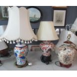 3 Oriental Design Table Lamps with shades of baluster form with butterflies, flowers and foliage. (