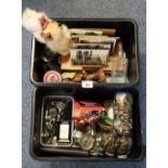 Two boxes of assorted items to include modern wrist watches, coins, postcards, stationary rack,