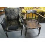 Early 20th Century elm smokers bow chair together with an Edwardian probably later upholstered