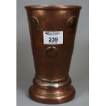 19th century copper gambling tavern beaker with coins and dice beneath a glass base. 19.5cm high