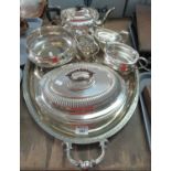 Collection of Silver Plate to include: Lidded Entre Dish, Large engraved and chased 2 Handled