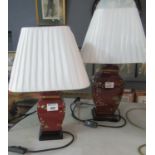 2 Similar oriental design table lamps with shades, on a red ground decorated with flowers and