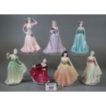 Six Coalport bone china figurines to include 'Chelsea', 'June', etc. Together with a small Royal