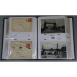 Album of British postcards and envelope fronts, including the stamp on envelopes, architectural,