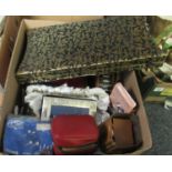 Box of oddments to include silver plated picture framed stroke album, Bush radio, cased cutlery,