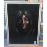 Indistinctly signed, striking portrait of a young girl. Coloured print. 80 x 55cm approx. Framed. (