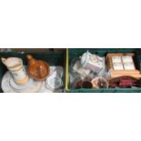 Two boxes of assorted china items to include: a brown hen egg crock, Aynsley 'Nursery Rhyme