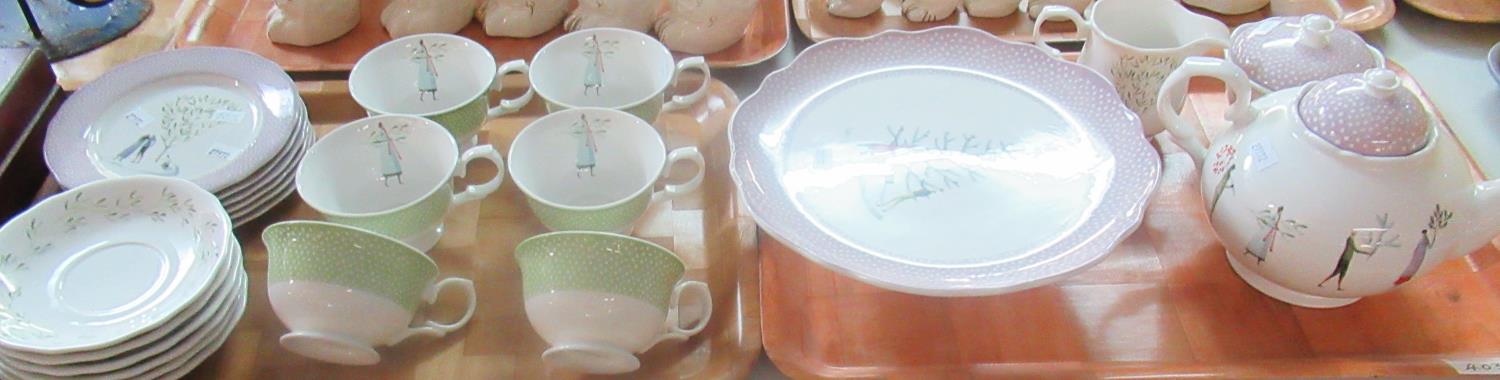 2 Trays of Portmeirion 'Fine Romance' tea ware, majority with puce rims and lids, however, the