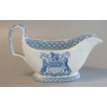 19thc Spode china blue and white transfer printed sauce boat with armorial decoration, Skinner &