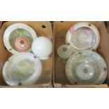 Two boxes of vintage glass ceiling light shades, some smaller glass pendant light shades and some