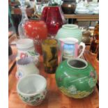 Tray of assorted china to include: green spherical Art Nouveau vase decorated with water lilies