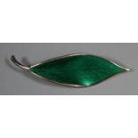 A David Andersen Norway Silver leaf brooch decorated with dark green guilloche enamel. (B.P. 21% +