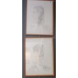 Two French Parisian portrait pencil sketches dated 1969, 48 x 35cm approx. Framed and glazed. (2) (