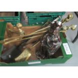 Box of fire side tools and ornaments to include lustred metal figure of a knight, pair of brass