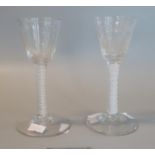 2 Similar 18th Century opaque air twist stem cordial or wine glasses, one with etched decoration. (