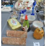 Tray of assorted items to include 2 triangular Italian marble candle holders marked Danese Milano to