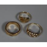 Three 9ct gold rings. ring size H&1/2, Q and M. Approx weight in total 9.4 grams. (B.P. 21% + VAT)