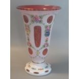 A 20th Century Bohemia Glass Czech Republic Opaline glass trumpet vase overall with ruby and gilt