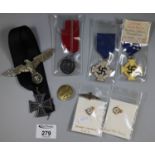 Bag of assorted medals, mostly German, iron cross, Royal Airforce pin, German third rich faithful