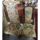 2 Late 19th Century Prie Dieux Chairs, one with barley twist supports, overall with floral and